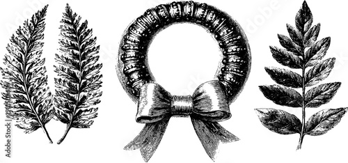 Vintage engraved illustrations of wreath ring and foliage leaves for design and decoration