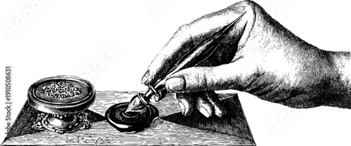Vintage engraving of writer sealing letter with wax seal for retro design and print
