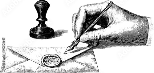 Vintage illustration set of writer sealing letter with wax stamp for retro design