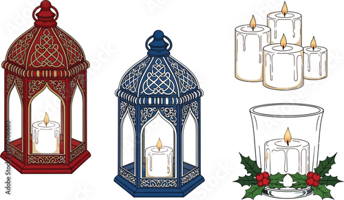 Decorative lanterns and candles for festive holiday ambiance