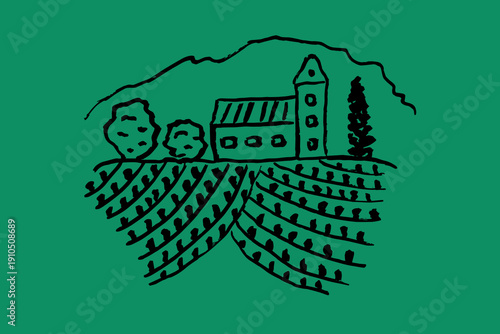 Obraz na plátně vineyards with house emblem for liquor store, hand drawn on green background, vector bg