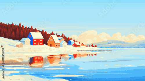 Vászonkép Cinematic winter pixel art landscape of a snowy coastal village for desktop background