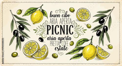 Watercolor Lemon Olives Leaves Illustration Picnic.