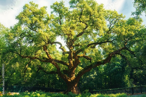 Majestic sprawling oak tree with thick twisted trunk and wide sunlit green canopy over grassy park area, framed by dense woodland and a low metal fence, serene and timeless