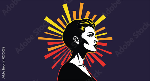Radiant silhouette of a woman with a sunburst halo against a dark backdrop