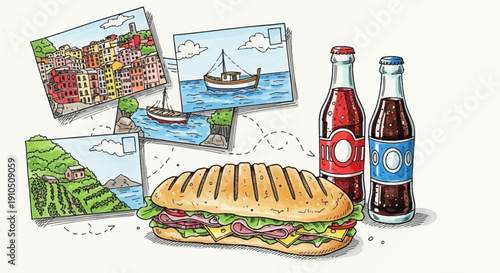 Sandwich and Beer Bottles Illustration.