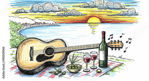 Acoustic Guitar with Wine and Glasses.