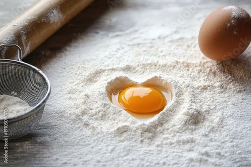 Raw egg yolk nestled in a heart-shaped well of flour with rolling pin, fine-mesh sieve and whole egg in a warm homemade baking scene