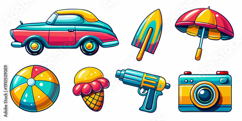 Colorful summer icons depicting a car beach items and toys