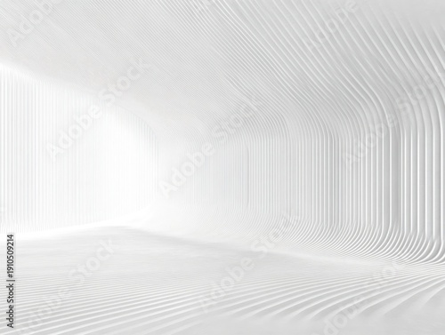 Empty white curved interior with rhythmic vertical ribs and grooved floor, soft diffuse light at the opening creating a calm minimalist futuristic tunnel-like space