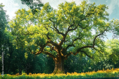 Majestic old oak tree with sprawling branches over a sunlit meadow of yellow wildflowers at the forest edge, peaceful and serene summer light