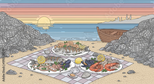 Food Platters on Beach at Sunset.