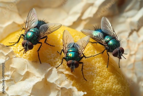 three iridescent green flies clustered on a torn lemon half atop crumpled white paper, close-up macro with an unsettling, intrusive mood