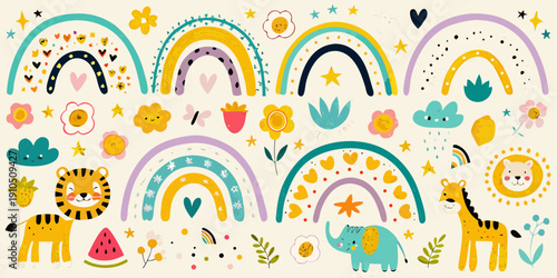 Colorful rainbows animals and floral elements in a playful illustration