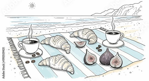 Croissants Coffee Figs on Striped Towel.