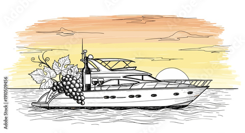 Luxury Yacht with Grapes and Champagne Bottle.