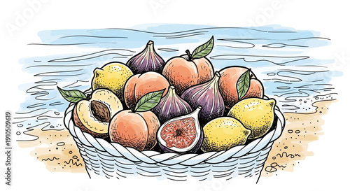 Basket Full of Fresh Figs and Fruits.