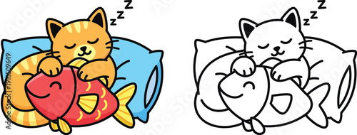 Adorable Cartoon Cat Sleeping with a Fish Pillow on a Blue Pillow Cozy Nap Time