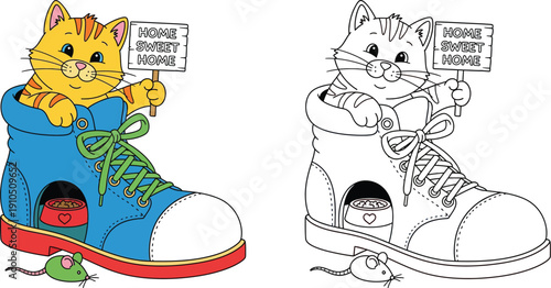 Cute Cartoon Cat Living in a Boot House with Home Sweet Home Sign