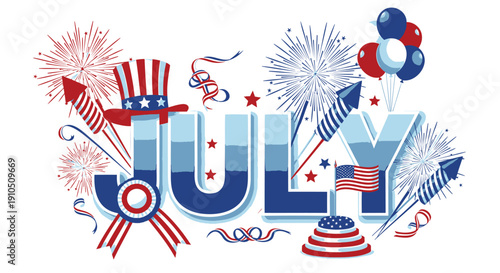 4th of July patriotic text illustration with fireworks, balloons and stars, for banner or poster