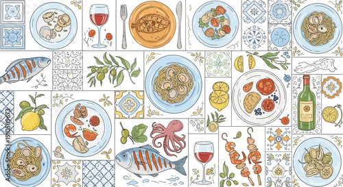 Assorted Food and Drink Illustrations on Tiles.