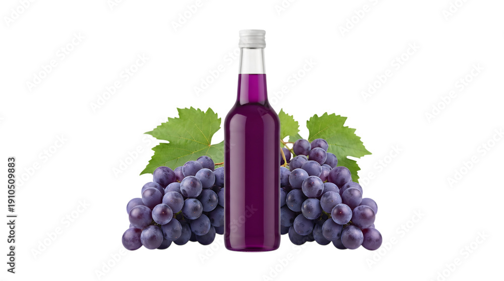 Fototapeta premium Rich purple syrup bottle with fresh grapes and leaves arrangement