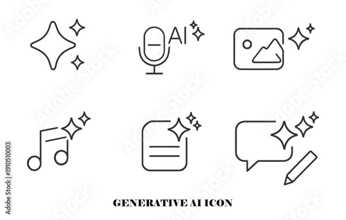 Generative AI Icon Set – Outline Artificial Intelligence Media and Content Creation Symbols