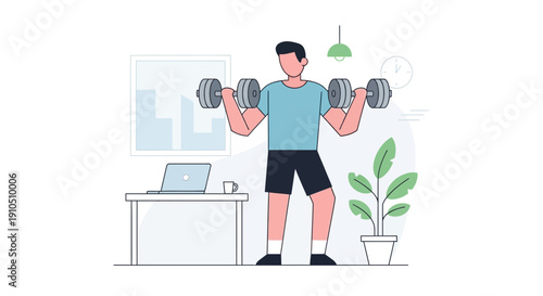 Man Lifting Dumbbells in Office Setting.