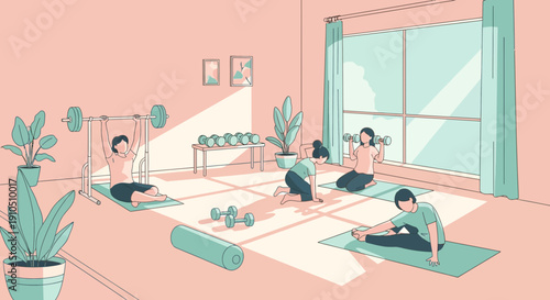 Women Practicing Yoga in Serene Studio Setting.