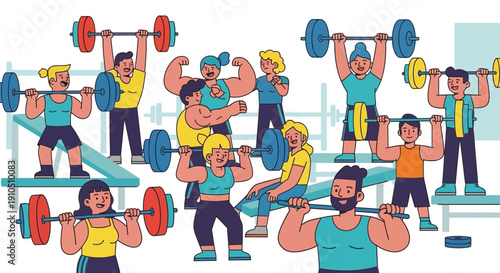 Illustration of People Lifting Weights in Gym.