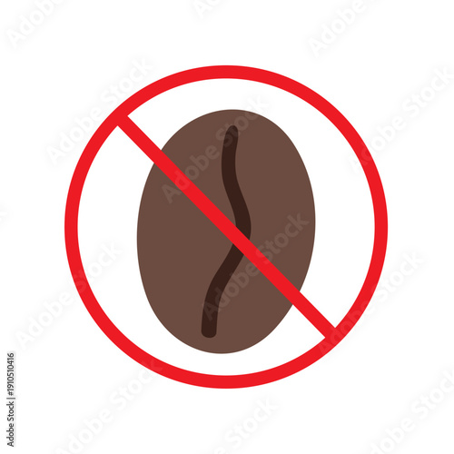 No Caffeine Icon. Red Circle with Crossed Out Coffee Bean. Flat Hand Drawn Vector Symbol Illustration on White Background.