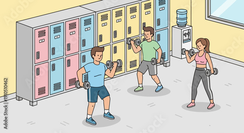 People Exercising with Dumbbells in Locker Room.