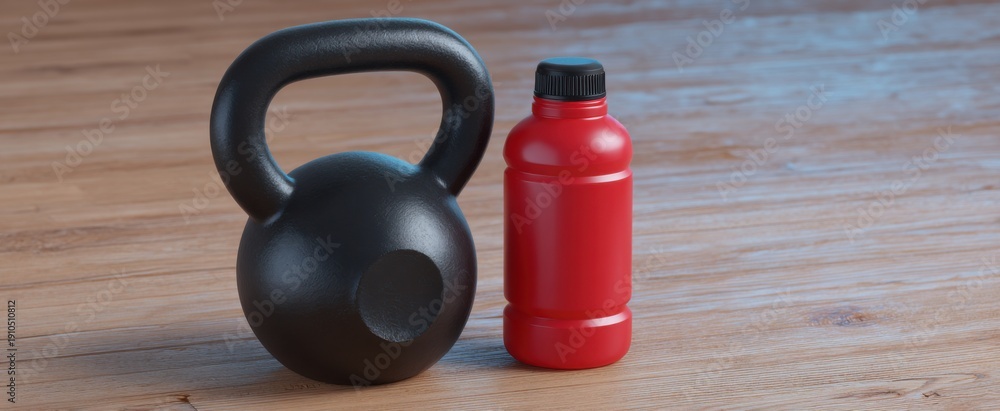 Obraz premium Kettlebell and sports drink shine like stars on a hardwood floor in a chic workout room