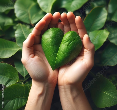 Wallpaper Mural Human hands gently holding small green leaf shaped like heart, sustainability concept Torontodigital.ca