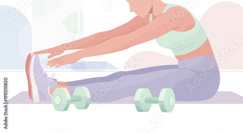Woman Stretching on Yoga Mat with Dumbbells.