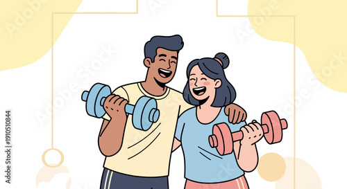 Man and Woman Exercising with Dumbbells Together.