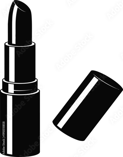 Black lipstick vector icon, makeup cosmetic tube with cap, beauty salon illustration, fashion accessory symbol for web design, professional lip care.