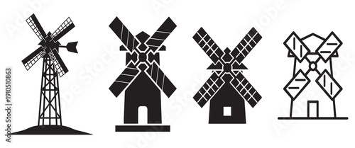 Four different windmill silhouettes in a row