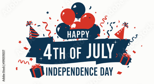 4th of July celebration banner with balloons and confetti, Independence Day vector illustration for poster or social media