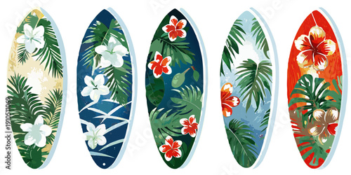 Colorful surfboards decorated with tropical floral and leaf patterns