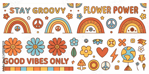Retro 1960s style sticker pack with peace signs flowers and groovy text