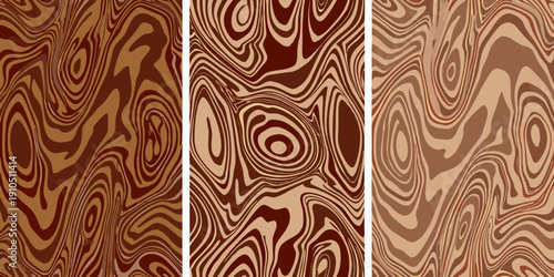 Abstract swirling patterns in warm brown and beige tones presented as a triptych