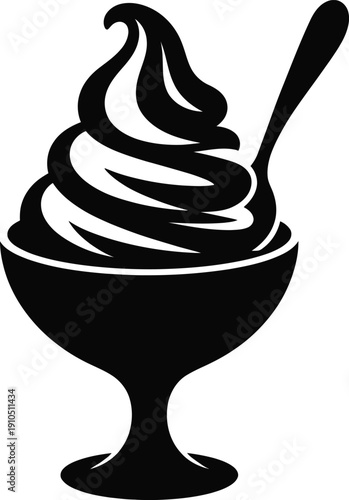 Soft serve frozen yogurt in glass bowl with spoon icon, sweet dessert swirl, dairy product, sundae illustration isolated on white