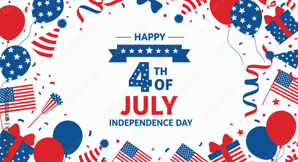 Obraz premium Happy 4th of July Independence Day banner with patriotic symbols and text, vector illustration for poster or social media