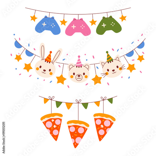 Festive garland set with gaming controllers, cute animals in party hats, pizza slices. Modern retro flat vector minimalist illustration for kids birthday party decor, gaming event, invitation