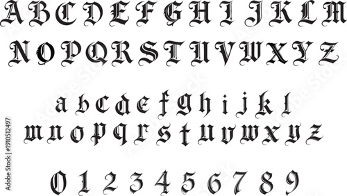 Bold gothic blackletter alphabet letters Old English style font with uppercase, lowercase, and numbers Decorative medieval typeface for tattoo, logo, and vintage design Clean scalable vector lettering