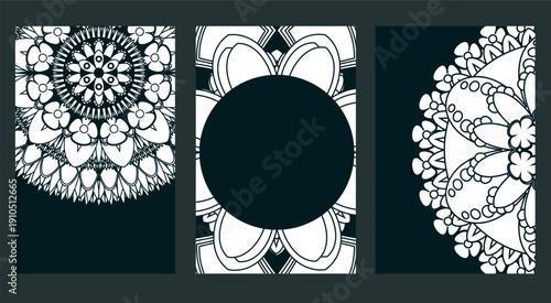 a set of three dark covers with mandalas