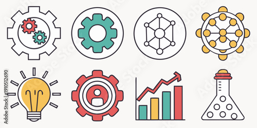 Colorful icons representing technology innovation and data analysis concepts