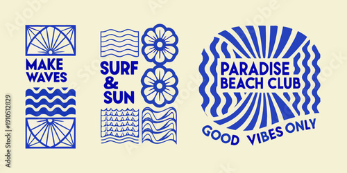 Retro style graphic with wave patterns text and floral elements
