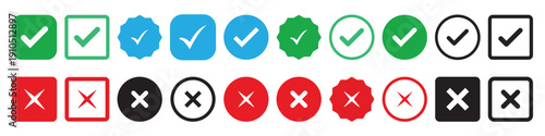 Check mark icons. Green check mark icon and red cross icon sheet. green tick and red x. Symbols of approval and Decline, outline and fill vector illustration 